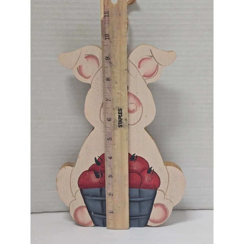 Vintage 90s Hand Painted Wooden Pig Apple Basket Wall Decor Farmhouse Folk Art